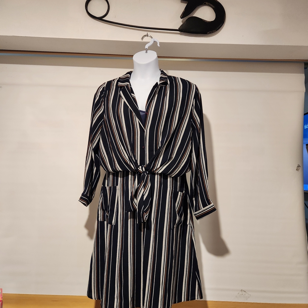 Monteau Black and Cream Striped Midi Dress